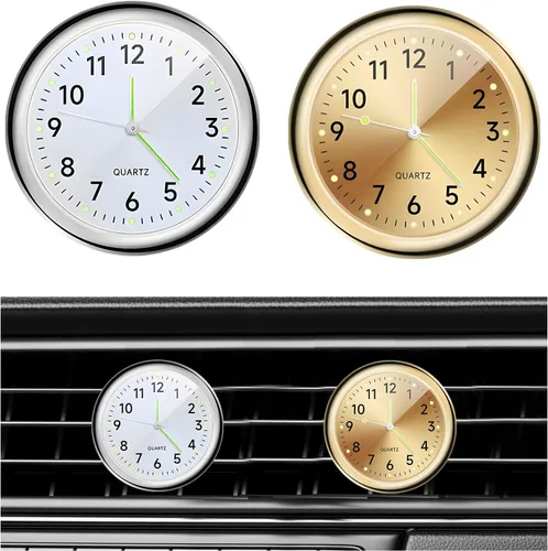 Miniatura 9 de Dickno 2 piezas de reloj de tablero adhesivo para automóvil, mini relojes de ventilación analógicos de cuarzo luminosos, relojes de ventilación