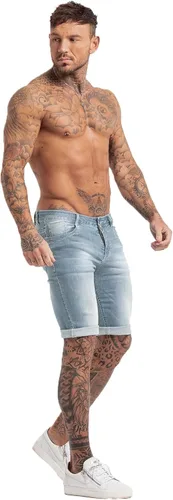 Miniatura 7 de GINGTTO Pantalones cortos de mezclilla para hombre, corte ajustado, elásticos, rasgados