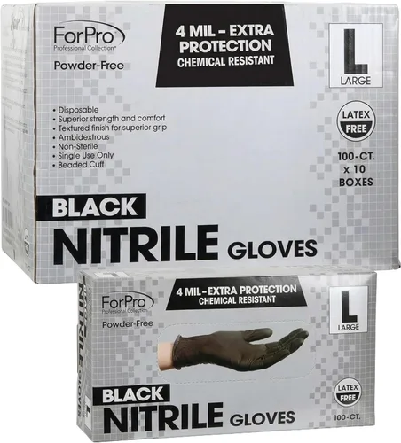 ForPro Disposable Nitrile Gloves, Chemical Resistant, Powder-Free, Latex-Free, Non-Sterile, Food Safe, 4 Mil Negro
