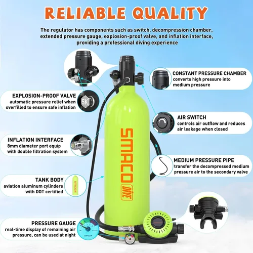 Miniatura 4 de SMACO Mini tanque de buceo 1.9L Capacidad de buceo Tanque de oxígeno hasta 30 minutos Respiración subacuática Pequeño Tanque de Buceo Kit con Caja