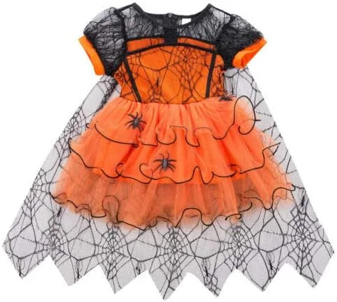 Miniatura 4 de Vestido de tul de Halloween para niñas pequeñas, vestido de manga larga con diseño de calabaza, telaraña, princesa, fiesta, faldas a rayas