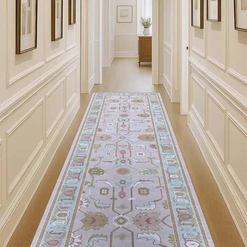 Miniatura 36 de Fame Living Alfombra Oushak Crema Azul, Alfombras Pequeñas Modernas, Vintage, Turca, Ecléctica, Floral, Pastel, Lavable, Tapete para Puerta, Felpudo