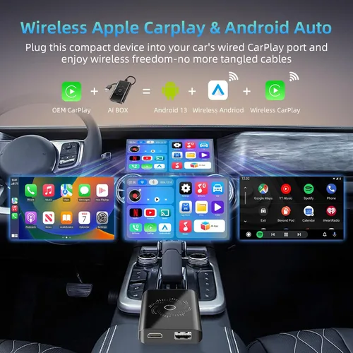 Miniatura 5 de AI Box - Adaptador inalámbrico CarPlay y automático, Plug & Play, WiFi de doble banda, Bluetooth 5.4, soporte de video 4K, sistema Android 13.0