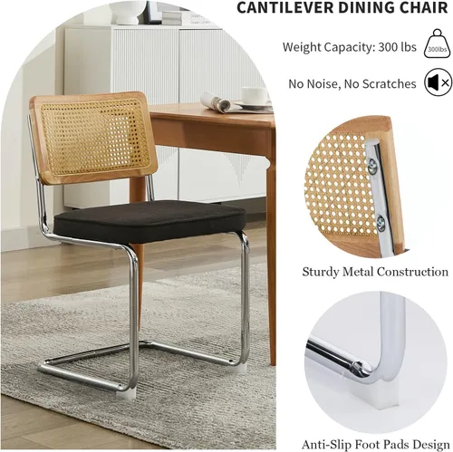 Miniatura 5 de ODUSE-DAILY Black Modern Rattan Dining Chairs Set of 4, Linen Fabric Upholstered Kitchen & Dining Room Chairs Set of 4, Sillas de Comedor, Cane