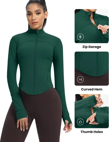 Miniatura 33 de AVGO Chaquetas de entrenamiento recortadas para mujer, con cremallera, ajustadas, atléticas, con agujeros para el pulgar