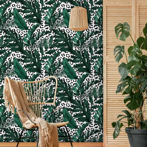 Miniatura 5 de CRE8TIVE 24"x118" Papel pintado de hoja de plátano Monstera para despegar y pegar Papel pintado de leopardo blanco y negro extraíble Papel