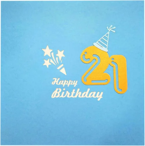 Miniatura 7 de iGifts And Cards Tarjeta desplegable 3D de cumpleaños 21 – Caja de fiesta azul de moda sorpresa con globos, regalos y vibraciones de alegría