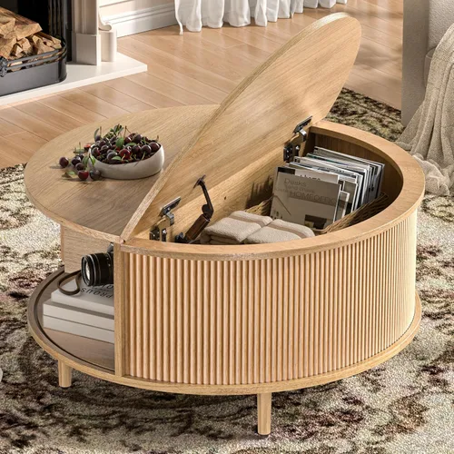 Mesa auxiliar redonda, mesa central acanalada de 31.5 pulgadas con almacenamiento, mesa de centro elevable con almohadillas ajustables, puerta