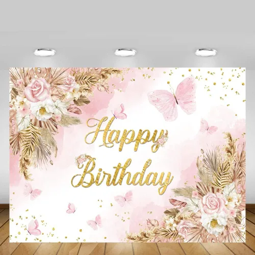 Miniatura 5 de MEHOFOND Telón de fondo bohemio de feliz cumpleaños de 7 x 5 pies para niñas, color rosa rubor, floral, bohemio, hierba de pampas, pasteles