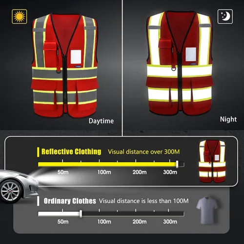 Miniatura 3 de AYKRM 11 color alta visibilidad reflectante chaleco de seguridad para mujeres hombres bolsillo cremallera ANSI/ISEA estándar Rojo