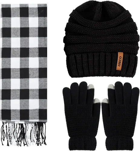 Miniatura 2 de Aneco Conjunto de bufanda de punto cálido de invierno para hombres y mujeres, bufanda elástica suave