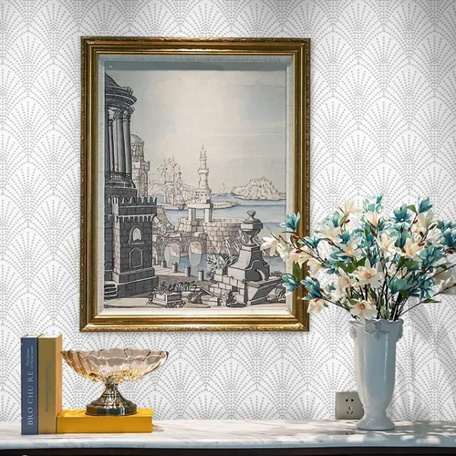 Miniatura 4 de Ismoon Papel tapiz geométrico de 17.3 x 393 pulgadas, papel tapiz blanco y plateado, papel tapiz moderno autoadhesivo de pared, papel de contacto