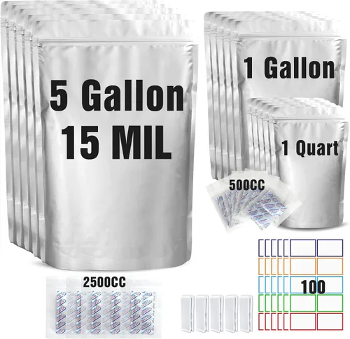 Bolsas Mylar de 15 mil y 5 galones para almacenamiento de alimentos con absorbentes de oxígeno de 2500 cc, paquete de 55 bolsas Mylar que incluyen 5