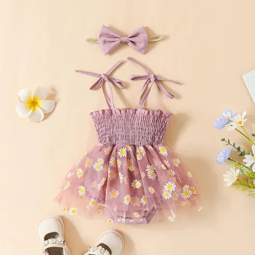 Miniatura 44 de Mameluco para bebés y niñas de 3, 6, 9, 12, 18 meses, enterizo de manga corta, fruncido, faldas y dobladillo, diadema