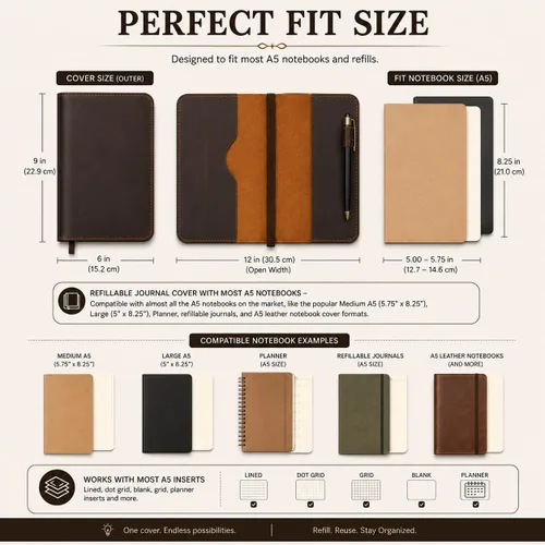 Miniatura 3 de Funda de cuero para diario A5, Funda de diario recargable para A5 grande y mediano, Funda de cuaderno de cuero hecha a mano, Diario encuadernado