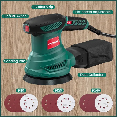 Miniatura 8 de HYCHIKA - Lijadora orbital aleatoria de 5 pulgadas, lijadora orbital eléctrica de 13000 RPM con 6 velocidades diferentes, lijadora de palma con 12