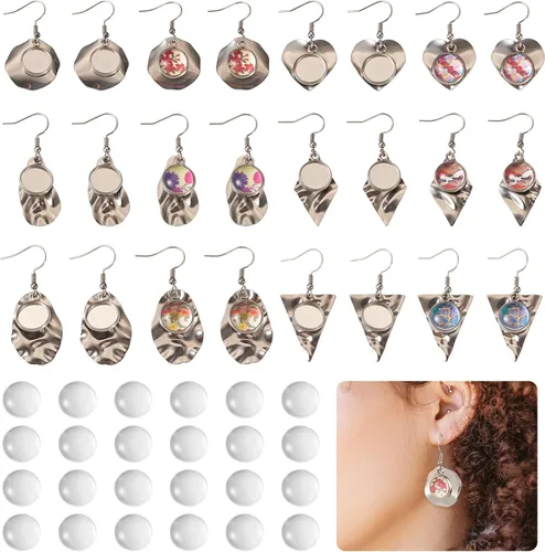 FASHEWELRY 54Pcs Bandejas de bisel para pendientes de acero inoxidable en blanco Geometría rombos lágrima con cabujones de vidrio redondo de 12 mm