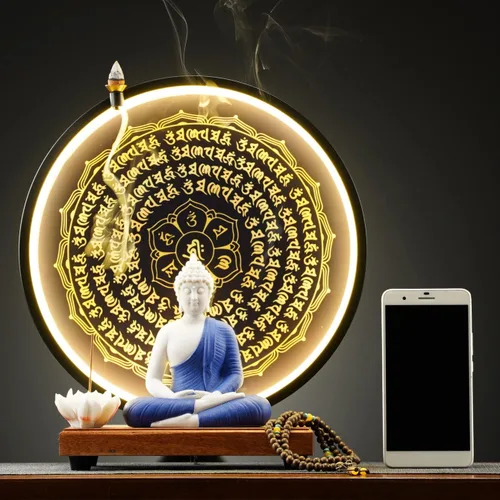 Miniatura 5 de Houlu Lámpara de mesa LED con estatua de Buda azul y círculo, estatua de Buda de cerámica para decoración del hogar