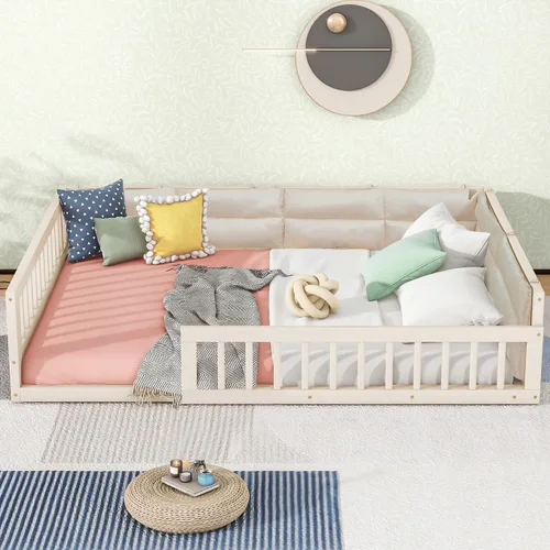 Miniatura 4 de Cama de plataforma de tamaño matrimonial con valla, plataforma tapizada de madera con barandilla y almohada, color beige