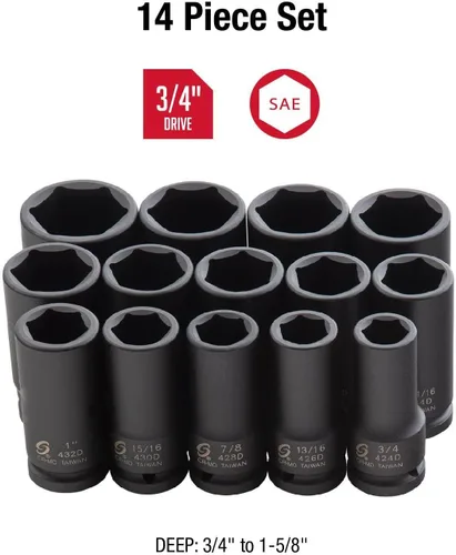 Miniatura 3 de SUNEX TOOLS 4638, Juego de llaves de vaso de impacto profundo de 3/4 de pulgada, 14 piezas, SAE, 3/4" - 1-5/8", acero de aleación Cr-Mo, diseño