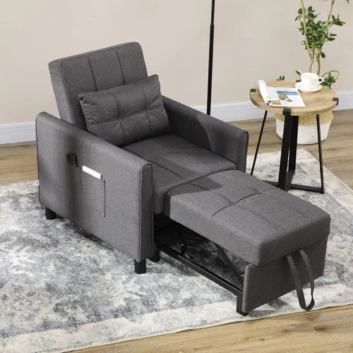 HOMCOM Silla convertible 3 en 1, sofá cama individual multifuncional, silla extraíble con respaldo ajustable, almohada y bolsillos, color gris