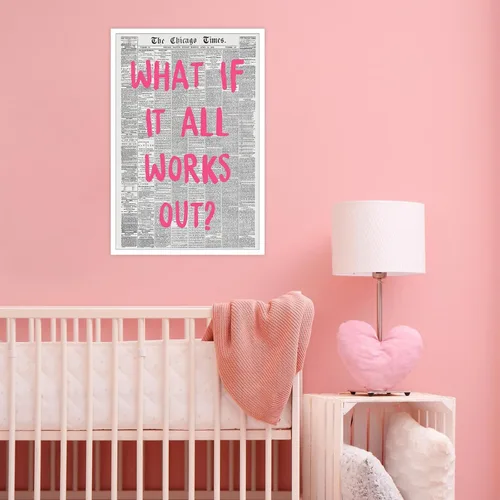 Miniatura 3 de Liyark Arte de pared retro moderno de periódico en lienzo - "¿Qué pasaría si todo sale bien" Frase de afirmación positiva - Fuente rosa - Decoración