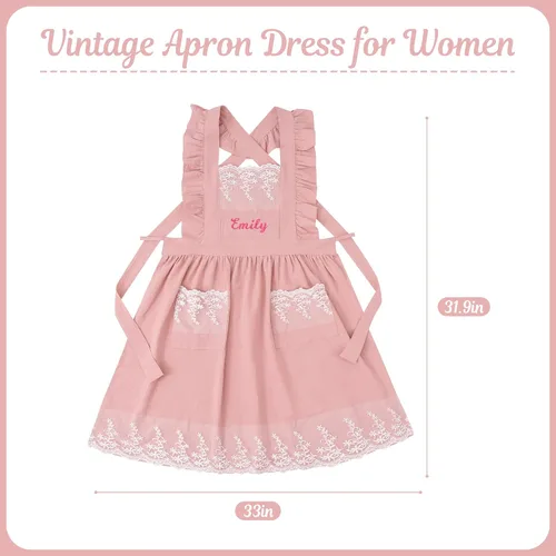 Miniatura 2 de Delantal vintage para mujer con bolsillos, delantales de chef personalizados con nombre para cocina, cocción, hornear, jardinería Rosa (pink lace)
