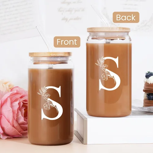 Miniatura 4 de SANDJEST Regalos con monograma para mujer, taza de vidrio con inicial, monograma A, taza de café de 16 onzas con tapa y pajita, iniciales