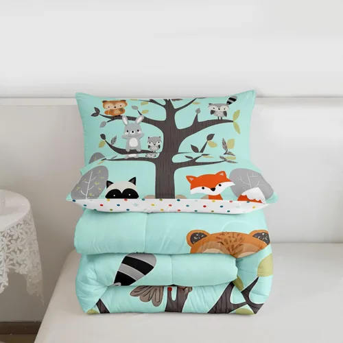 Miniatura 4 de Juego de ropa de cama de animales lindos para niños y niñas, guardería, caricaturas, mapache, búho, zorro, juego de edredón para todas