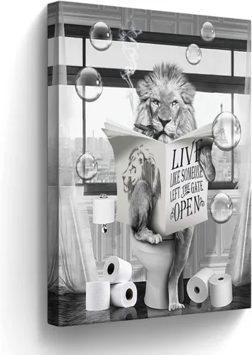 Miniatura 24 de Lienzo decorativo de osos divertidos para pared, cuadros en blanco y negro, decoración de pared de baño, oso sentado en el inodoro, lectura