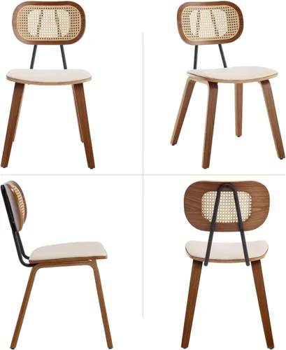 Miniatura 7 de Ya-Home Juego de 4 sillas de comedor Mid-Century de piel sintética con respaldo de ratán, patas de madera, diseño sin brazos para comedor, sala
