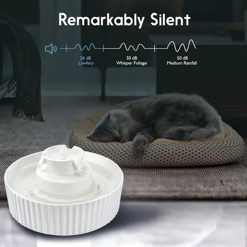 Miniatura 2 de Lawfery Fuente de agua de cerámica para gatos, fuente para gatos de 2.1 L/71 onzas con 3 filtros de carbono y 2 bombas silenciosas, dispensador