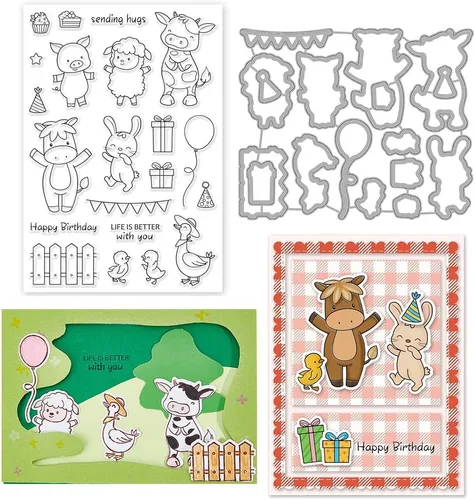 INFUNLY Juego de sellos y troqueles transparentes de animales de granja, ganado, conejo, sellos de silicona transparente, forma de animal, troqueles
