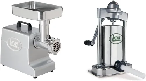 LEM Products 1158 Mighty Bite - Molinillo eléctrico de carne, aluminio y productos 1606 5 libras de acero inoxidable para salchichas verticales,