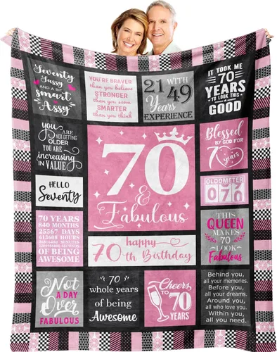 Regalos de cumpleaños número 70 para mujer, manta suave y acogedora de 50 x 60 pulgadas, perfecta para celebración de cumpleaños de 70 años, Rosa 70