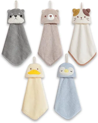 PRATIQUE Paquete de 5 bonitas toallas de mano, toallas de baño con lazo para colgar, toalla de mano para niños, animales, toalla de mano absorbente