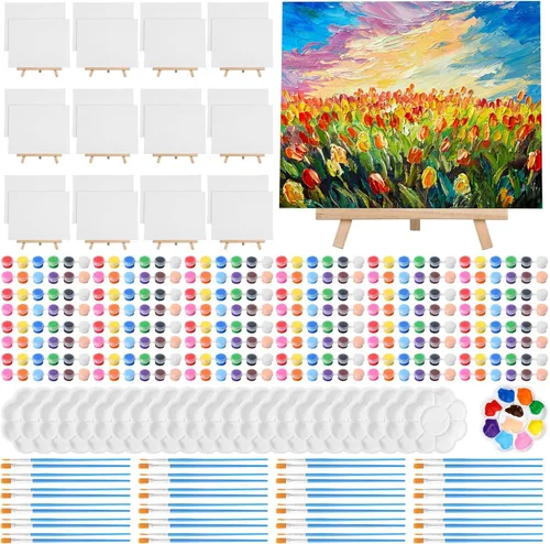 Miniatura 9 de Qilery - Juego de 24 mini paneles de lienzo de 4 x 4 pulgadas y caballete de pintura, 12 tiras de acrílico de colores, pinceles y paletas