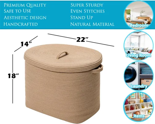 Miniatura 2 de Canasta de almacenamiento rectangular extragrande de 22"x14"x18" con tapa, gran canasta de cuerda de algodón, canasta de lavandería tejida