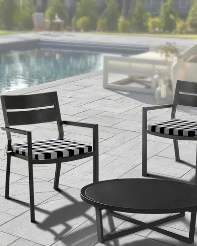 Miniatura 3 de Funda de cojín de asiento impermeable para interiores y exteriores, diseño a cuadros blancos y negros, paquete de 2 con lazos de 20 x 18 pulgadas