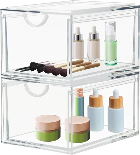 CECOLIC Paquete de 2 cajones organizadores de cosméticos apilables, caja organizadora de maquillaje de acrílico transparente, contenedores de