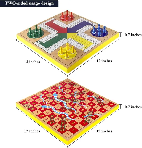 Miniatura 4 de AMEROUS Juego de mesa de ludo de madera de 12 pulgadas - Serpientes y escaleras, reversible 2 en 1, juego de dados familiar de 1-4 jugadores, juego