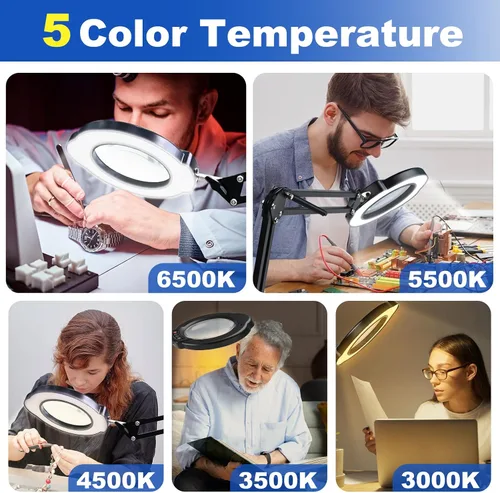 Miniatura 6 de Lupa de 15X con luz y abrazadera, lámpara de escritorio con lupa iluminada, lámpara LED con luz y abrazadera, 5 modos de color, 10 brillos