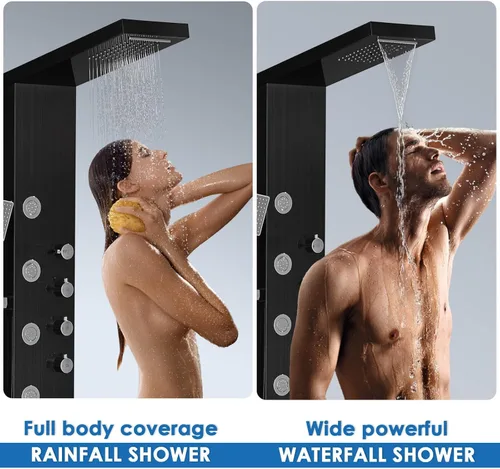 Miniatura 3 de ROVOGO Sistema de Torre de Panel de Ducha con Ducha de Lluvia Cascada, 5 Chorros Corporales y Mango de 3 Configuraciones, Columna de Ducha de Acero