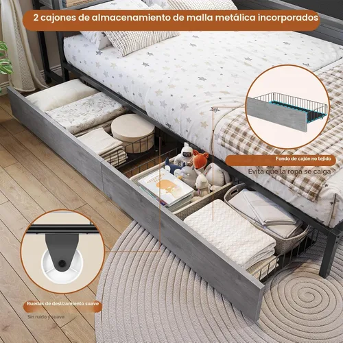 Miniatura 5 de DICTAC Marco de Cama Individual de Esquina con Librero, Cabecero con Luces LED y Plataforma de Metal de Tamaño Individual con Cajones de Gris roble.