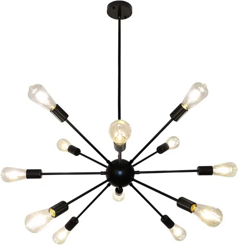LynPon Lámpara de techo Sputnik, 12 luces, candelabro negro para comedor, lámpara de araña de mediados de siglo, lámpara colgante industrial,