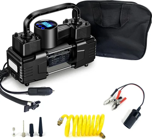 Inflador de neumáticos de doble cilindro portátil de alta resistencia con manómetro - Compresor de aire metálico de 12 V 150 PSI (luz LED),
