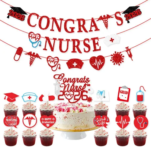 Decoración de fiesta de graduación de enfermera, decoración de fiesta de graduación 2026 con purpurina roja para el día de la enfermera, pancarta de