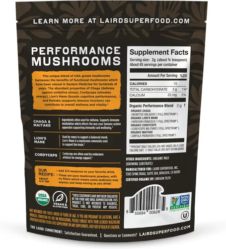 Miniatura 2 de Laird Superfood Mezcla Orgánica de Hongos de Rendimiento con Chaga, Cordyceps, Lion's Mane y Maitake para Energía y Cognición, Bolsa de 3.17 oz