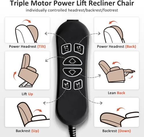 Miniatura 4 de MCombo Sillón reclinable eléctrico de triple motor con masaje y calor, silla reclinable eléctrica para personas mayores, reposacabezas ajustable