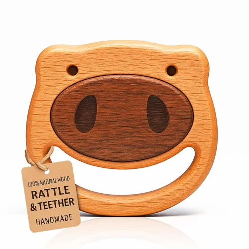 HippoToys - Sonajero de madera para bebés de 0 a 12 meses, sin pintura, sin plástico, sin toxinas, juguete natural inspirado en Montessori, sonido